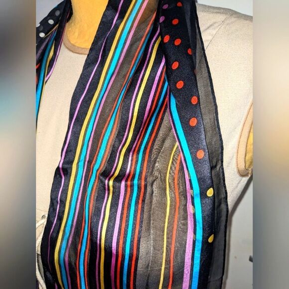 Jones New York 100% Silk Sheer Rainbow Stripe Polka Dot Long Scarf - Picture 6 of 10